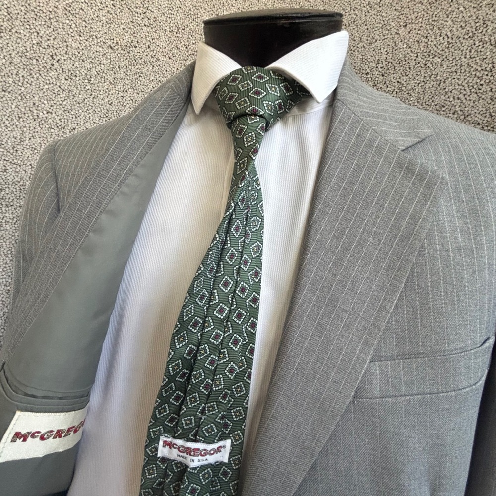 VTG McGregor Blazer 42L Jacket & Green‎ Silk Tie Gray Pinstripe Retro Academia